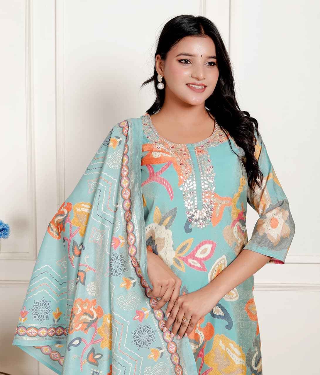 Pastel Aqua Floral Printed Kurta Set